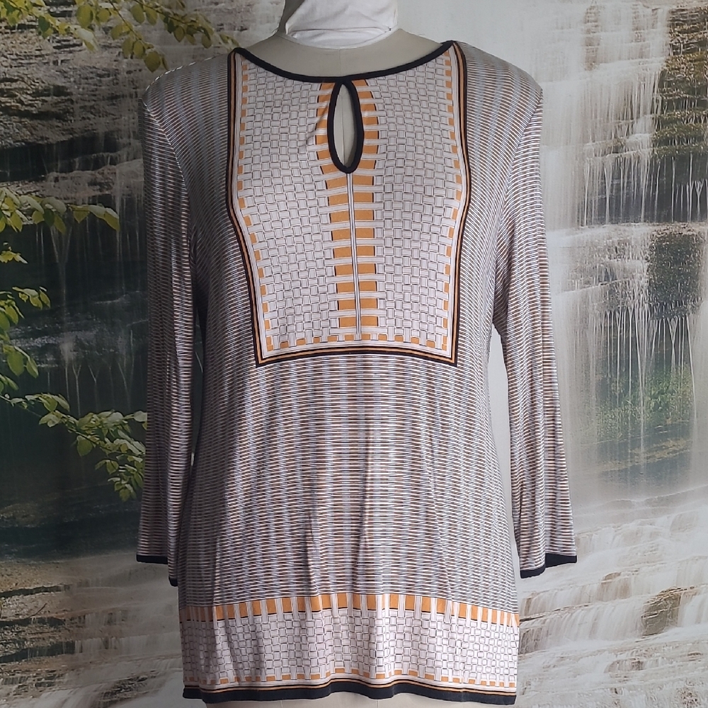 Max Studio Womens XL black gold striped geometric long sleeve dressy top keyhole